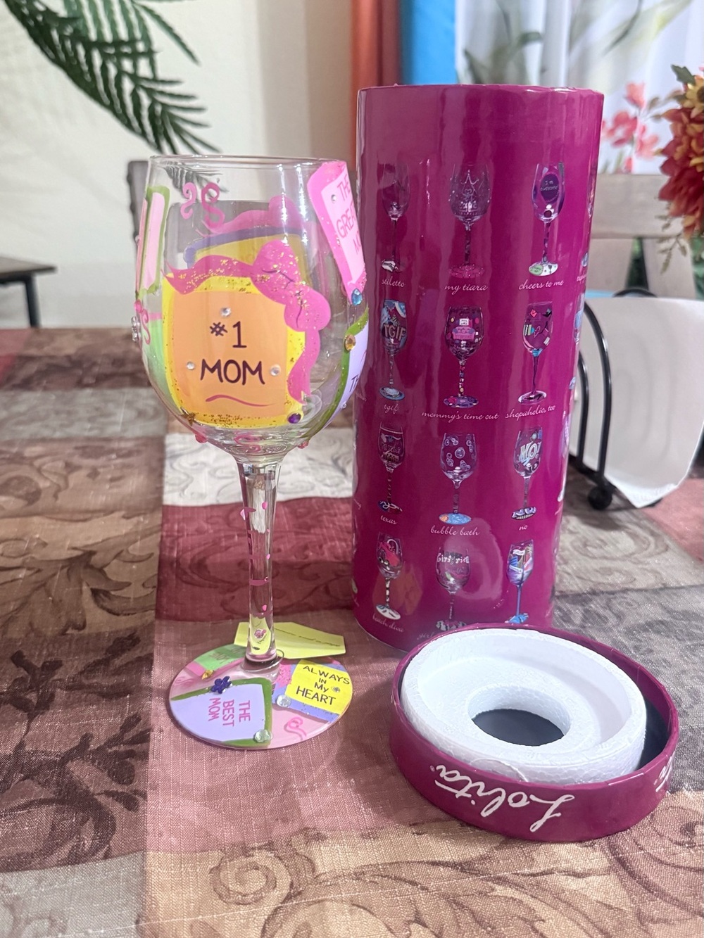 Lolita Pink & Yellow "#1 Mom" Decorative Wine Glass with Gift Tube
